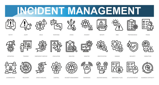 Incident Management Icon set. Vector illustration. Notify, Alert, Issue, Response, Crisis, Incident, Report, Risk, Preparedness, Triage. Vector illustration