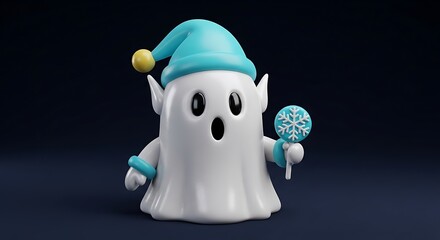 Cute cartoon ghost character wearing a nightcap holding a lollipop.