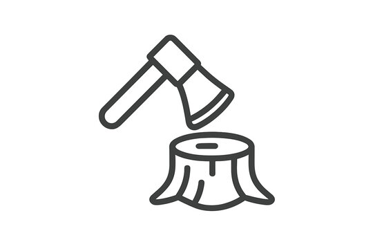 Line art icon of an axe and tree stump