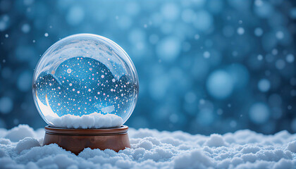 Świąteczna śnieżna kula na puszystym śniegu, zimowe tło z niebieskim efektem bokeh i miejscem na tekst