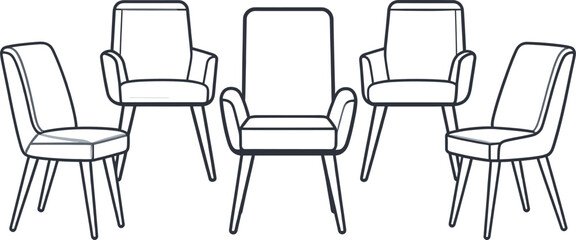 Modern Armchairs Outline Set with Wooden Legs Line Art Illustration for Interior Furniture Design