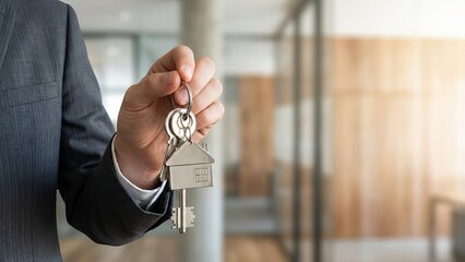 Real Estate Agent Holding House Keys with Home Shaped Keychain