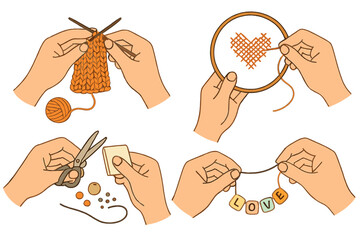 Hands engaged in various crafting activities