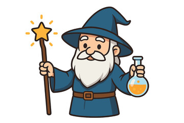 Cartoon Wizard Holding Wand and Potion