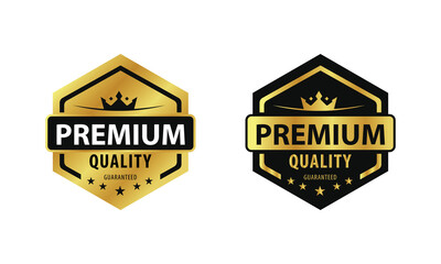 Obraz premium Premium quality golden hexagon vector. Gold label with star and crown isolated on white background. Suitable for icons, logos, labels, emblems, seals, tags, signs, symbols, badges, stamps, stickers, e