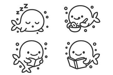 Cute Whales with Various Activities on Dark Background