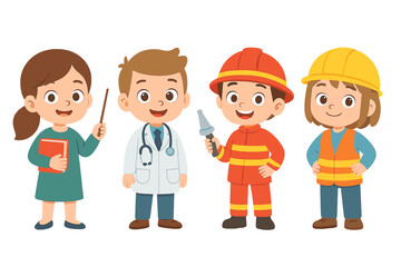 Children dressed as different professions, teacher, doctor, firefighter, construction worker