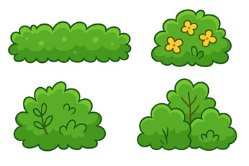 Cartoon Green Bushes with Flowers and Branches