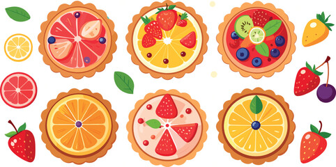 Top View Assorted Fruit Tarts Set with Berries and Citrus Desserts Illustration