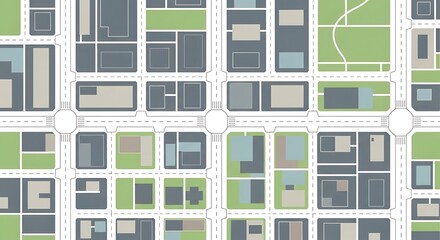 Aerial View of a City Grid with Buildings and Green Spaces.