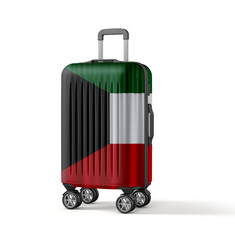 Modern suitcase textured with the flag of Kuwait isolated on white background