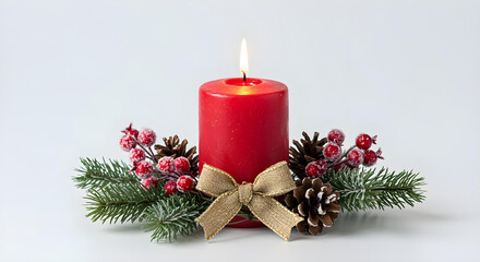 Red Christmas Candle with Evergreen Branches and Berries Isolated on White Background