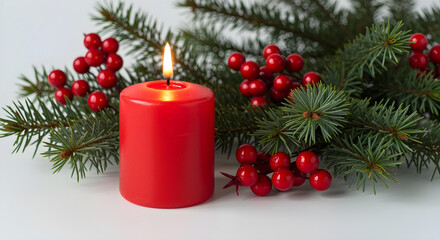 Red Christmas Candle with Evergreen Branches and Berries Isolated on White Background