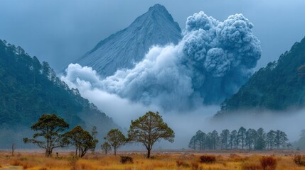 Dramatic view of an erupting volcano with a massive cloud, trees, and mountains in fog