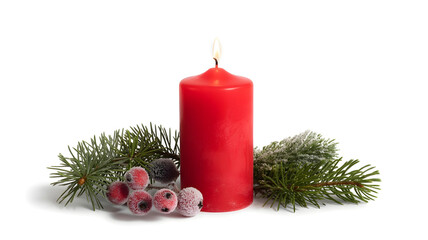 Red Christmas Candle with Evergreen Branches and Berries Isolated on White Background