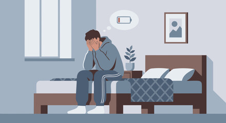 Depressed Man Sitting on Bed, Mental Health and Sadness Illustration
