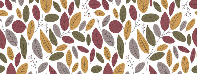 Autumn leaves and berries pattern in muted colors on white background fall © Emon