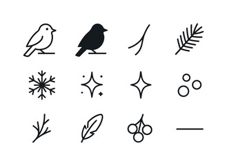 Winter Birds Icons. Perched winter birds. Line outline icon set of Perched winter birds: bird outline, perched
