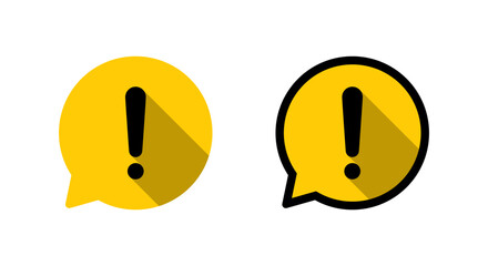 Warning speech bubble icon set long shadow. Alert, danger, and notification marker symbol. Exclamation chat sign