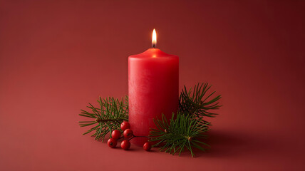 Red Christmas Candle with Evergreen Wreath on Red Background, Festive Holiday Concept