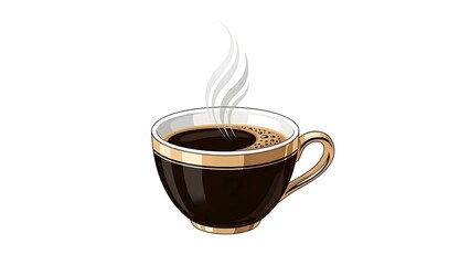 Obraz premium A steaming hot coffee cup on a plain white background with a clear glass body and golden handle.