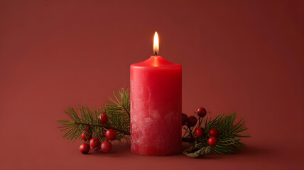 Red Christmas Candle with Evergreen Wreath on Red Background, Festive Holiday Concept