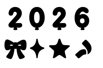 2026 Metallic Icons. 2026 metallic décor. Filled icon set of 2026 metallic décor: number 2 balloon, number 0