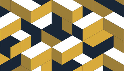 Obraz premium Geometric seamless pattern with 3D illusion in navy blue gold and white background texture
