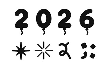 Foil Balloons 2026 Icons. Foil balloons for 2026. Filled icon set of foil balloons for 2026: foil 2 balloon,