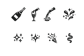 Festive Champagne Icons. Festive champagne pouring. Filled icon set of festive champagne pouring: champagne
