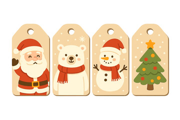 Cute Christmas Gift Tags Featuring Santa, Polar Bear, Snowman, and Tree