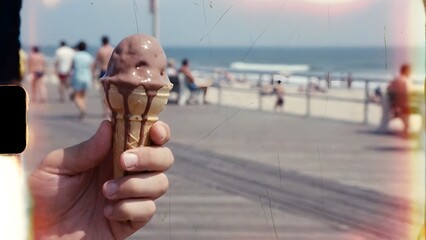 Hand holding ice cream cone at beach.