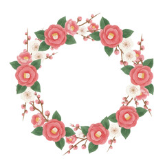 椿と梅の花のリース_透過素材