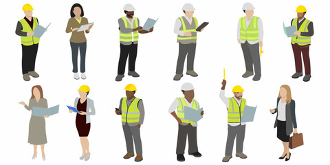 Diverse group of construction workers and professionals reviewing blueprints and plans