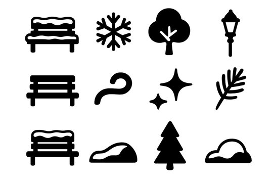 Winter Park Icon Set. Winter park benches collection. Filled icon set of winter park benches collection: bench
