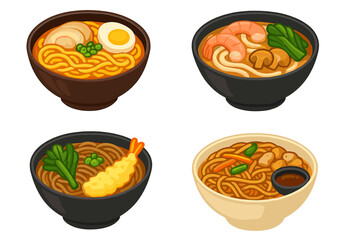 Four bowls of delicious Japanese noodles