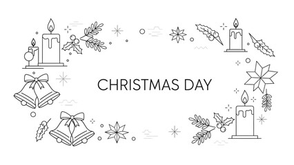 A festive Christmas frame featuring a wreath of candles, gifts, snowflakes, and foliage on a white background with the text 'CHRISTMAS DAY' in a circular pattern.