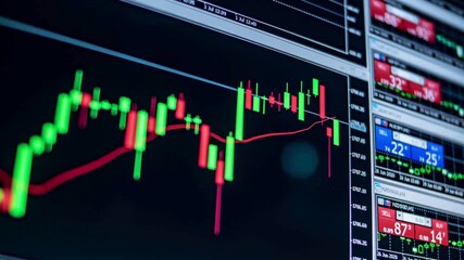 Dynamic digital display showcasing real-time financial market data with vibrant green and red candlestick charts, representing ongoing global economic activity and investment trends. - Powered by Adobe