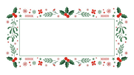 A Christmas frame with a green border, decorated with red berries, holly leaves, and snowflakes on a white background.