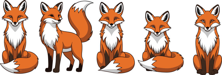 Cute cartoon fox illustration set, adorable woodland animal characters, multiple fox poses collection, wildlife mascot design, isolated white background vector art