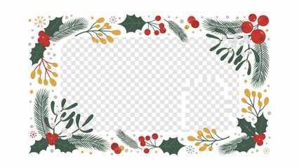 A Christmas frame with a transparent background, adorned with holly, red berries, and festive foliage, perfect for holiday decorations and seasonal designs.