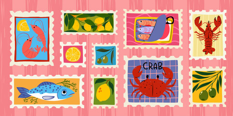 Amalfi coastal stamp collection with vibrant summer illustrations - Mediterranean seafood, lemons and olives in retro postage frames. Italian pattern with crab, fish and citrus art on pink bg. © klyaksun