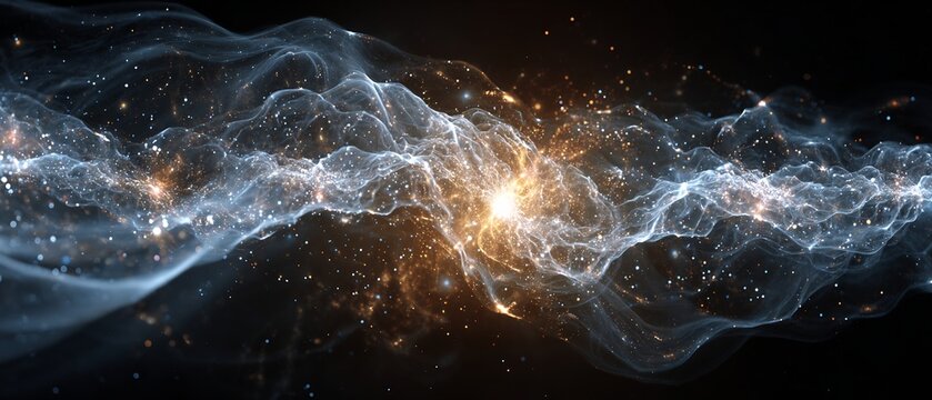 Wavefunction of the universe depicting superposed cosmic states and probability clouds abstract glowing waves forming galaxies