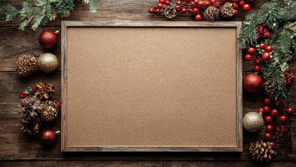 Festive Cork Board Mockup surrounded by Christmas Decorations on rustic wooden background. Holiday notice pin board with copy space for winter message or menu.