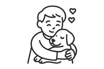 Fototapeta premium Happy boy hugging a dog with hearts