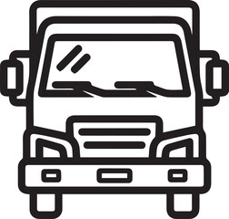 A minimalist black-and-white vector illustration showing the front view of a semi-truck. The clean line art features a large windshield, wipers, and headlights, symbolizing heavy transport.