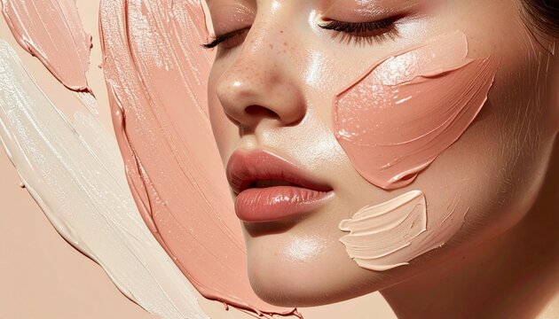 Close-up of a womans face with makeup applied, showcasing skincare and beauty products.
