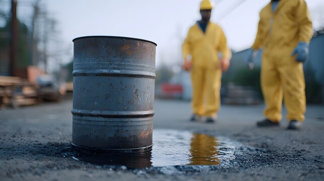 A rusty barrel leaks dark liquid onto the ground with workers in protective gear nearby during the early morning