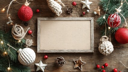 Cozy Rustic Christmas Mockup. Blank vintage wooden sign frame surrounded by festive decorations, fir branches, textured ornaments, pinecones, and warm string lights on dark wood background.