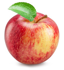 Ripe red apple with yellow side and leaf on white background. File contains clipping path.